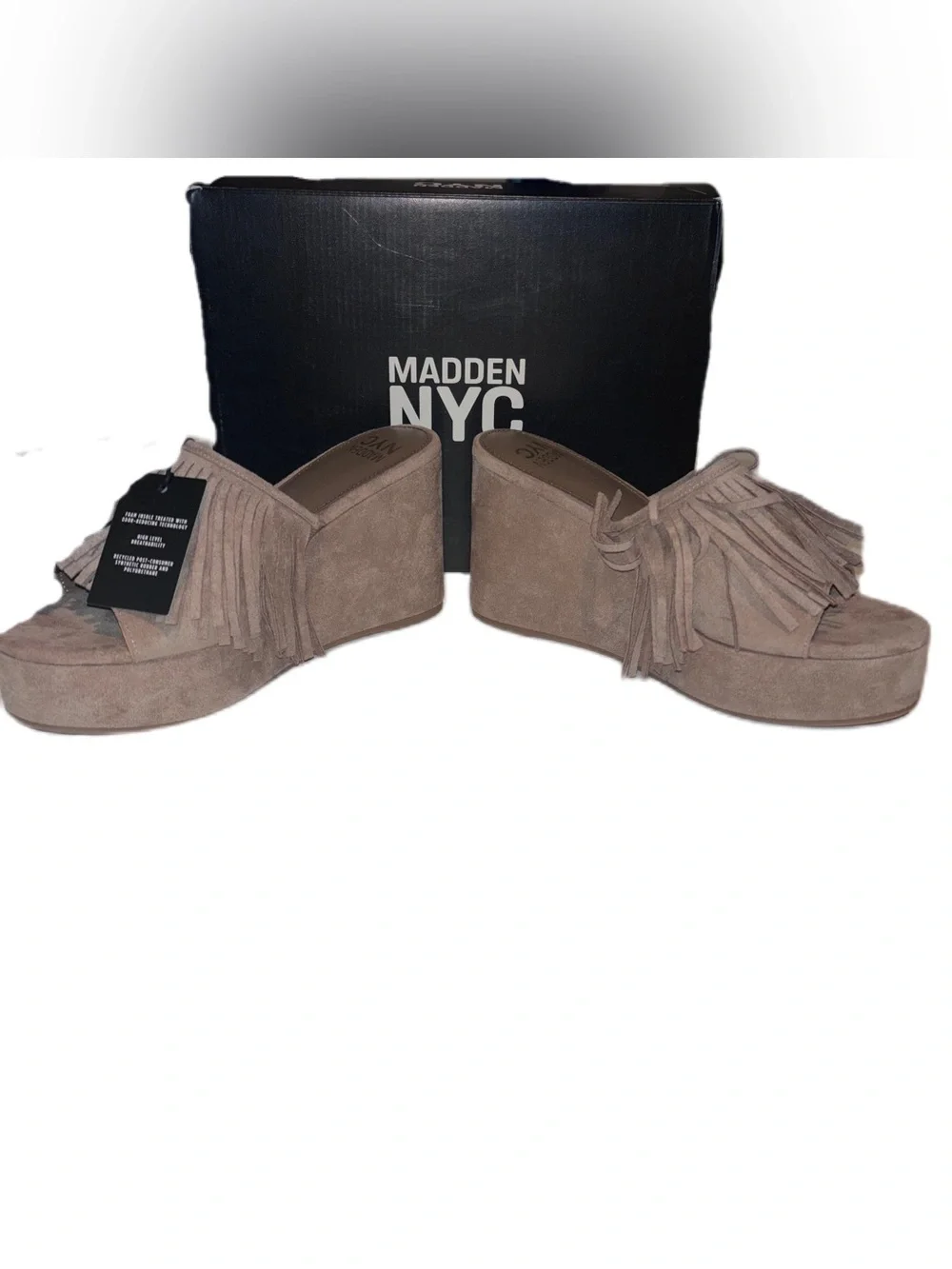 Madden NYC Fringe Wedge Slide Sandals Taupe Faux Suede Platform Size 9 NWT